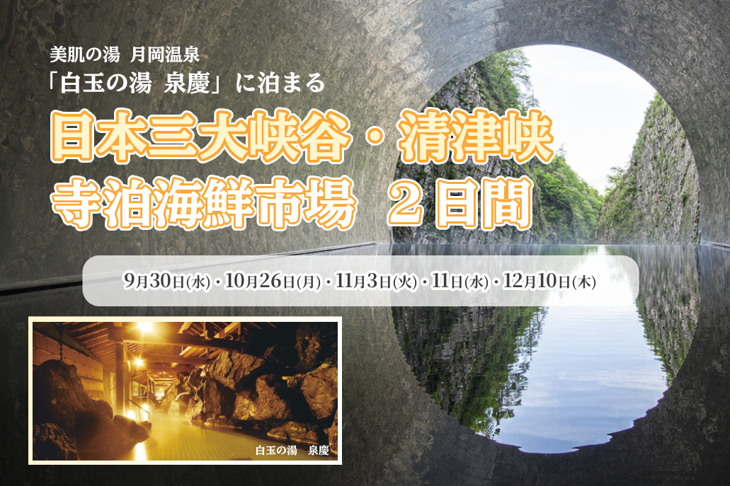 「白玉の湯 泉慶」に泊まる日本三大峡谷・清津峡 寺泊市場2日間